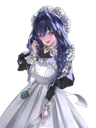 1girl absurdres apron blue_eyes blue_hair blush braid breasts commentary drooling hair_ribbon hand_in_own_hair hat heart heart-shaped_pupils highres holding holding_knife hololive hololive_english hppu8734 knife large_breasts looking_at_viewer low_twin_braids maid maid_apron mob_cap mouth_drool open_mouth ouro_kronii ouro_kronii_(maid) pocket_watch puffy_sleeves ribbon solo symbol-shaped_pupils twin_braids twitter_username virtual_youtuber watch white_background yandere