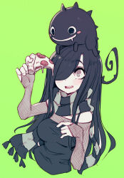 1girl amissio aria_wintermint black_hair black_scarf blush breasts cleavage commentary english_commentary food green_background green_eyes green_scarf hair_over_one_eye highres holding holding_food large_breasts multicolored_scarf open_mouth parororo pebble_(amissio) pizza scarf simple_background smile solo striped_clothes striped_scarf teeth upper_body upper_teeth_only