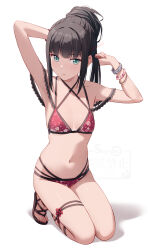 1girl armpits arms_up bikini black_hair bracelet breasts cleavage floral_print_bikini green_eyes hair_bun highres jewelry kneeling kurosawa_dia love_live! love_live!_sunshine!! mole mole_under_mouth navel parted_lips red_bikini shamakho simple_background small_breasts solo stomach swimsuit white_background