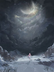 1girl artist_request bare_arms bare_legs boots brown_boots cliff cloud crescent_moon dress frilled_dress frills from_behind full_body game_cg highres leg_up long_hair miracle_nikki moon mountain night night_sky nikki_(nikki) nikki_(series) official_art outstretched_arms pebble pink_hair pleated_dress running scenery shadow short_dress short_sleeves sky snow solo star_(sky) starry_sky third-party_source very_long_hair white_dress wide_shot winter