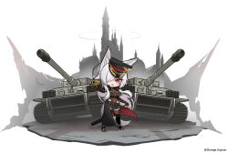 1girl animal_ear_fluff animal_ears belt black_boots black_hat black_jacket black_skirt boots breasts brown_belt chibi cleavage commission covered_navel cropped_jacket discordia_(vtuber) fox_ears fox_girl fox_tail fur-trimmed_jacket fur_trim golden_gun gun hair_over_one_eye hat highres holding holding_gun holding_weapon indie_virtual_youtuber jacket leotard long_hair military_vehicle motor_vehicle open_mouth orange_crayon! peaked_cap red_eyes see-through_cleavage see-through_clothes see-through_leotard skirt solo tail tank thigh_boots thighhighs twitter_username virtual_youtuber weapon white_hair