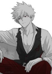 1boy absurdres alternate_costume bakugou_katsuki boku_no_hero_academia closed_mouth commentary fingernails greyscale highres long_sleeves looking_to_the_side male_focus monochrome open_clothes open_shirt oroshi_mi pants pectoral_cleavage pectorals red_eyes red_pants short_hair simple_background sitting solo spot_color symbol-only_commentary white_background