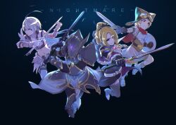 4girls absurdres ahoge animal_ear_headwear armor armored_boots belt black_boots black_dress black_thighhighs blonde_hair boots breastplate breasts brown_gloves brown_shorts capelet christina_(princess_connect!) cleavage closed_mouth crop_top detached_sleeves dress english_text fake_animal_ears faulds full_armor fur-trimmed_capelet fur_trim gauntlets gloves goggles goggles_on_head grey_hair hat helmet highres holding holding_sword holding_weapon jun_(princess_connect!) long_hair matsuri_(princess_connect!) medium_breasts multiple_girls navel open_mouth orange_eyes ponytail princess_connect! shield sho_bu_1116 short_hair short_sleeves shorts shoulder_armor smile sword tail thighhighs tomo_(princess_connect!) weapon white_boots white_dress