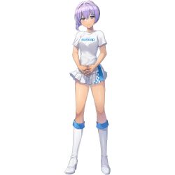 1girl ankle_boots blush boots breasts cleavage dark-skinned_female dark_skin dolphin_wave game_cg high_heel_boots high_heels highres interlocked_fingers looking_at_viewer medium_hair non-web_source official_art ootomo_takuji own_hands_together pleated_skirt ponytail purple_eyes purple_hair shirt short_ponytail skirt small_breasts sofmap solo souma_hayate tan transparent_background white_shirt white_skirt