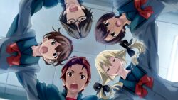 2boys 3girls bad_tag black_bow black_hair blazer blonde_hair blue_sailor_collar blue_skirt bob_cut bow breasts brown_eyes brown_hair ceiling chest_bow chuo_tanegashima_high_school_uniform chuo_tanegashima_high_winter_school_uniform daitoku_junna dark-skinned_female dark_skin from_below fukuda_tomonori game_cg glasses grey_eyes grey_jacket grey_shirt group_hug hair_between_eyes hair_bow hidaka_subaru high-waist_skirt high_ponytail highres hug jacket koujiro_frau looking_at_viewer multiple_boys multiple_girls multiple_hair_bows narrowed_eyes official_art open_collar open_mouth pleated_skirt ponytail ponytail_with_braided_base red_bow red_hair red_shirt robotics;notes sailor_collar school_uniform senomiya_akiho shiny_skin shirt short_hair shouting sidelocks skirt small_breasts smug t-shirt tile_ceiling tiles tongue twintails yashio_kaito