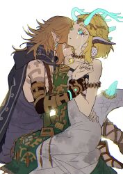 1boy 1girl bare_shoulders blonde_hair blue_eyes braid brown_hair cape crying crying_with_eyes_open dragon_girl dragon_horns dragon_tail dress earrings flower green_eyes hair_ornament hetero highres hood hood_down hooded_cape horns hug jewelry kneeling link medium_hair necklace nintendo parted_lips pointy_ears princess_zelda sandals short_hair sidelocks simple_background sitting sleeveless sleeveless_dress tail tattoo tears the_legend_of_zelda the_legend_of_zelda:_tears_of_the_kingdom white_background white_dress xi_yuu