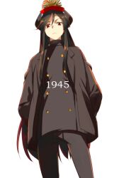1girl black_hair black_hat black_jacket black_pants breasts buttons echo_(circa) fate/grand_order fate_(series) hands_in_pockets hat jacket koha-ace long_hair long_sleeves looking_at_viewer oda_nobunaga_(fate) oda_uri pants peaked_cap red_eyes small_breasts solo