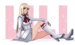 Rule 34 | 1girl, blue eyes, boots, breasts, emilie de rochefort, fingerless gloves, gloves, high heels, hippokrena, lips, long sleeves, looking at viewer, sitting, skirt, tekken, thighs