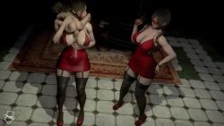 1boy 20s 2girls 3d ada_wong age_difference animated ass bench black_hair black_legwear blender_(medium) blonde_hair bouncing bouncing_breasts bracelet breasts brown_hair capcom claire_redfield cleavage clothed_female_nude_male collar cum cumdrip dress erection garter_straps garters gun hand_on_own_hip handgun handjob harness hetero high_heels holding holding_gun holding_pistol holding_revolver holding_weapon indoors instrument jewelry large_breasts large_penis logo long_hair looking_at_another minidress multiple_girls narrow_waist nipples nude paizuri penis piano piano_bench pistol ponytail red-tinted_eyewear red-tinted_glasses red_dress red_footwear resident_evil resident_evil_2 resident_evil_2_remake reverse_paizuri revolver rubbing shadow shiny_skin shoes short_hair shota sidelocks size_difference standing straddling sunglasses testicles thighhighs tile_floor tiles tinted_eyewear uncensored video weapon wide_hips zipling