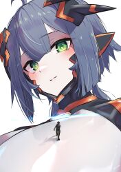 Rule 34 | 1boy, 1girl, :3, absurdres, ahoge, blue hair, blush, bodysuit, breasts, colossus (natsukaze shigure), giant, giantess, green eyes, hexagon print, highres, impossible bodysuit, impossible clothes, large breasts, looking at viewer, magical girl, natsukaze shigure, original, science fiction, short hair, simple background, smile, white background