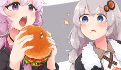 2girls black_jacket blue_eyes blush braid burger commentary dress eating envy flag food food_on_face grey_hair hair_ornament highres holding holding_food jacket kizuna_akari long_hair looking_at_another misora_shiru multiple_girls open_mouth purple_dress purple_eyes purple_hair sparkle twin_braids upper_body vocaloid voiceroid yuzuki_yukari