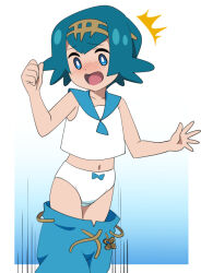 1girl accidental_exposure assisted_exposure blue_eyes blue_hair blue_pants blush clothes_pull embarrassed game_freak lana_(pokemon) navel nintendo non-web_source panties pants pants_falling pants_pull pantsing pokemon shirt sleeveless sleeveless_shirt underwear yume_yoroi