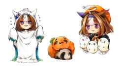 Rule 34 | 1girl, :3, @ @, ahoge, animal ears, brown hair, commission, flying sweatdrops, ghost, ghost costume, hairband, highres, horse ears, mame nabe donko, meisho doto (dot-o&#039;-lantern) (umamusume), meisho doto (umamusume), multicolored hair, multiple views, neck ribbon, open mouth, orange headwear, pumpkin hat, purple eyes, raccoon, ribbon, short hair, skeb commission, smile, traditional media, two-tone hair, umamusume, v-shaped eyebrows, white background