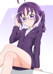 1girl ahoge alternate_costume arm_support bare_legs bespectacled blazer blush breasts buttons closed_mouth collared_shirt commentary crossed_legs diamond-shaped_pupils diamond_(shape) doyagao feet_out_of_frame formal_clothes four-pointed_star glasses gleam hair_intakes highres jacket kimi_to_idol_precure lapels long_sleeves looking_at_viewer medium_hair panties pencil_skirt precure purple-framed_eyewear purple_background purple_eyes purple_hair purple_jacket purple_skirt shigure_kokoro shirt sitting skirt skirt_suit small_breasts smile smug solo split_mouth suit symbol-shaped_pupils tiler_(tiler00) twintails two-tone_background underwear white_background white_panties white_shirt