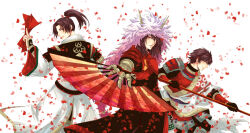 Rule 34 | armor, brown hair, charm, coat, folding fan, hand fan, ishida mitsunari, male focus, naoe kanetsugu, petals, polearm, sanada yukimura (sengoku musou), sengoku musou, spear, weapon