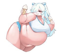 1girl belly belly_hang big_belly blue_shorts blush breasts cleavage crop_top doubliel drooling fat fat_rolls fat_woman food from_side hair_over_one_eye holding holding_food holding_ice_cream_cone horns ice_cream ice_cream_cone large_breasts leaning_forward long_hair mahjong_fight_girl nantekottai25 navel obese one_eye_covered open_mouth pink_eyes shirt short_shorts shorts smile solo standing thick_thighs thighs white_background white_hair white_shirt