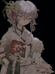 1girl 5masi_o absurdres black_background bug expressionless flower grey_eyes grey_hair hair_flower hair_ornament highres insect japanese_clothes kimono looking_at_viewer moth original petals solo updo white_kimono