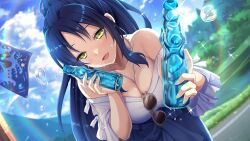 1girl aqua_nails bag bare_shoulders between_breasts bikini blue_hair blue_nails blue_skirt blue_sky blush bottle breasts bubble bubble_tea champagne_flute cleavage cloud cloudy_sky collarbone cup dana_darrell_domyoji deep_one_kyomu_to_mugen_no_fragment dress drink drinking_glass drinking_straw eyewear_hang fingernails foreshortening giving glint green_eyes green_nails halter_dress halterneck holding holding_bottle holding_drink jewelry large_breasts lens_flare long_hair looking_at_viewer nail_art nail_polish natsuhiko non-web_source o-ring open_mouth outdoors plunging_neckline ponytail rainbow ramune sidelocks skirt sky smile solo sparkle sunglasses swimsuit unworn_eyewear water water_bottle water_drop wet yellow_eyes