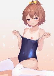1girl bare_shoulders blue_eyes blush bow breasts brown_hair closed_mouth collarbone commentary covered_navel d1571nc7 hair_bow highres hinata_chinatsu looking_at_viewer nipples one-piece_swimsuit one-piece_tan ongeki pout sitting small_breasts solo swimsuit symbol-only_commentary tan tanline thighhighs wariza