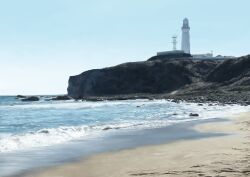 absurdres akebonobashi_(artist) beach blue_sky cloud commentary_request dated_commentary day highres lighthouse mountain no_humans ocean original outdoors rock sand scenery shore sky water waves