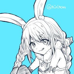 Rule 34 | 1girl, :q, animal ear fluff, animal ears, bare shoulders, blue background, braid, breasts, carrot hair ornament, commentary request, don-chan (usada pekora), dress, food-themed hair ornament, hair between eyes, hair ornament, highres, hololive, kiritoma, knees up, looking at viewer, pantyhose, rabbit ears, short eyebrows, simple background, sitting, small breasts, solo, strapless, strapless dress, thick eyebrows, tongue, tongue out, twin braids, twintails, twitter username, usada pekora, usada pekora (1st costume), virtual youtuber