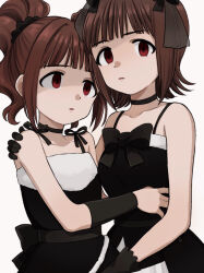 Rule 34 | 2girls, alternate eye color, amami haruka, arm around waist, bare shoulders, black bow, black choker, black dress, black gloves, black ribbon, bow, brown hair, choker, collarbone, commentary, cute &amp; girly (idolmaster), dress, dress bow, empty eyes, gloves, gothic princess (idolmaster), hair ribbon, hand on another&#039;s shoulder, highres, idolmaster, idolmaster (classic), idolmaster 1, looking at viewer, multiple girls, naruse ill, parted lips, red eyes, ribbon, short hair, simple background, spaghetti strap, strapless, strapless dress, takatsuki yayoi, twintails, upper body, white background