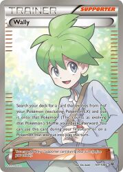 Rule 34 | 1boy, :d, andou emi, artist name, brown bag, character name, copyright name, copyright notice, english text, green hair, grey eyes, grey jacket, holding, holding poke ball, jacket, male focus, nintendo, official art, open mouth, poke ball, poke ball (basic), pokemon, pokemon card, pokemon oras, pokemon tcg, short hair, smile, third-party source, trading card, wally (pokemon)