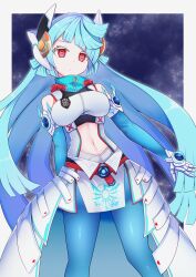 1girl absurdres adamski_s-rank_space aqua_hair bare_shoulders breasts closed_mouth detached_sleeves duel_masters duel_masters_play&#039;s expressionless highres long_hair maruq_2826 medium_breasts navel pantyhose red_eyes very_long_hair