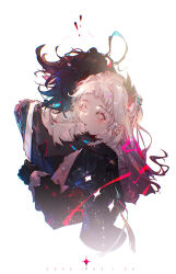! !! 1boy 1girl absurdres ahoge arknights black_gloves black_hair blush chinese_commentary commentary cropped_torso dated dongsheng gloves grey_eyes grey_hair head_wings highres hug irene_(arknights) long_hair long_sleeves lumen_(arknights) parted_lips scar scar_across_eye scar_on_face short_hair simple_background upper_body white_background wings