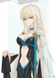 1girl absurdres black_dress blue_eyes blue_ribbon blue_trim bow breasts caat106 choker cleavage clothing_cutout cowboy_shot crown dress fate/grand_order fate_(series) floating_crown hair_between_eyes highres holding holding_unworn_clothes large_breasts long_hair looking_at_viewer morgan_le_fay_(fate) navel parted_lips ribbon sidelocks solo stomach_cutout very_long_hair white_hair yellow_bow