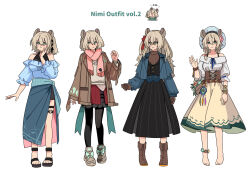 1girl :d alternate_costume alternate_hair_length alternate_hairstyle animal_ears anklet arm_at_side bare_shoulders barefoot black_footwear black_pantyhose black_ribbon black_skirt black_vest blue_capelet blue_hat blue_sarong blue_shirt boots bow bracelet braid braided_belt brown_coat brown_corset brown_footwear brown_gloves brown_hair brown_shirt capelet chibi clenched_hand closed_mouth coat commentary corset dreamcatcher english_commentary english_text flower flower_bracelet fongban_illust glasses gloves green_eyes grey_footwear hair_between_eyes hair_bow hair_ribbon hand_on_own_face hand_up hat heart heart_o-ring highres indie_virtual_youtuber jewelry layered_clothes long_hair long_sleeves looking_at_viewer multiple_views naplings_(nimi_nightmare) nimi_nightmare nurse_cap o-ring o-ring_thigh_strap off-shoulder_shirt off_shoulder one_side_up open_mouth pantyhose pink_bow pink_scarf ponytail puffy_long_sleeves puffy_sleeves red_bow red_skirt ribbon round_eyewear sandals sarong scarf shirt shoes short_hair simple_background skirt smile sneakers standing sweater tapir_ears tapir_girl thigh_strap twin_braids vest virtual_youtuber waving white_background white_shirt white_sweater yellow-framed_eyewear yellow_skirt