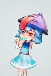 1girl blue_eyes blue_hair chibi commentary_request eating food highres looking_to_the_side red_eyes short_hair skirt solo tatara_kogasa touhou umbrella vest yst