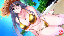 1girl aqua_eyes arm_under_breasts bare_arms bare_legs barefoot beach bikini blue_hair blue_sky blunt_bangs blush breasts cleavage collarbone day glasses gold_bikini hat highres large_breasts long_hair looking_at_viewer miracle_hoshi navel original outdoors palm_tree sidelocks sky solo straw_hat sun_hat swimsuit thighs toes tree