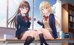 2girls bag black_skirt black_socks blazer blonde_hair blue_eyes blue_jacket blue_sky blush book bookshelf bow bowtie breasts brown_hair cardigan cloud collared_shirt cup dated desk grey_skirt holding holding_cup jacket kneehighs large_breasts long_hair long_sleeves looking_at_viewer multiple_girls nicoli3141 on_desk original red_bow red_bowtie school_bag school_uniform shirt sitting skirt sky smile socks sweater thighs white_shirt window yellow_sweater