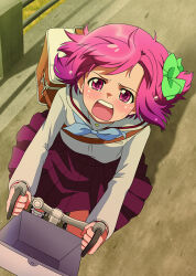 1girl akb0048 bag bicycle bicycle_basket blue_neckerchief bow crying from_above green_bow hair_bow hiyori_(nyatto) looking_up motomiya_nagisa neckerchief official_art one_side_up open_mouth outdoors pink_hair pleated_skirt red_eyes red_skirt riding riding_bicycle sailor_collar school_uniform serafuku shirt short_hair shoulder_bag skirt solo sweat tears teeth upper_teeth_only white_sailor_collar white_shirt