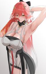 1girl absurdres arm_up armpits black_bow black_collar black_jacket blush body_markings bow braid breasts changli_(wuthering_waves) cleavage closed_mouth collar colored_extremities commentary cowboy_shot dress grey_background hair_bow hair_extensions hair_ornament highres huge_breasts jacket large_breasts looking_at_viewer moryana multicolored_hair pink_hair red_hands ring_hair_extensions smile solo twin_braids two-tone_hair white_dress white_hair wuthering_waves yellow_eyes