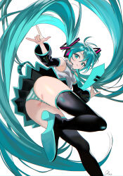 1girl absurdres bare_shoulders black_boots black_skirt black_sleeves blue_eyes blue_hair blue_necktie blue_panties blush boots detached_sleeves from_below grey_shirt hair_between_eyes hatsune_miku haze_(ohw8g) high_heel_boots high_heels highres long_hair looking_at_viewer necktie panties parted_lips shirt sidelocks skirt smile solo striped_clothes striped_panties thigh_boots twintails underwear vocaloid