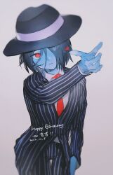 1other 2022 arm_up black_hair black_hat black_jacket black_pants blue_skin chinese_commentary collared_shirt colored_skin commentary_request cowboy_shot dated deltarune fedora film_grain from_above grey_background hair_over_one_eye happy_birthday hat head_tilt heart highres jacket kris_(deltarune) necktie ningzzz one_eye_covered other_focus pants pinstripe_jacket pinstripe_pants pinstripe_pattern pointing pointing_at_viewer red_eyes red_necktie shirt short_hair simple_background slit_pupils solo standing thigh_gap white_shirt