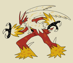blaziken blue_eyes colored_sclera creatures_(company) game_freak gen_3_pokemon inkoinko7 multicolored_feathers nintendo no_humans pokemon pokemon_(creature) simple_background solo yellow_sclera