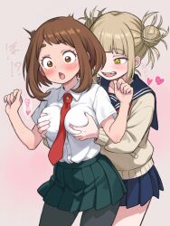 2girls black_pantyhose blue_sailor_collar blue_skirt blunt_bangs blush boku_no_hero_academia breasts brown_cardigan brown_eyes brown_hair buttons cardigan collared_shirt cowboy_shot dot_nose double_bun fangs flinch gradient_background green_skirt grin groping hair_bun highres large_breasts messy_hair multiple_girls nattocurryumeee neckerchief necktie open_mouth pantyhose pink_background pleated_skirt red_neckerchief red_necktie sailor_collar school_uniform serafuku shirt short_hair sidelocks simple_background skirt smile sweat teeth thick_eyebrows toga_himiko upper_teeth_only uraraka_ochaco white_shirt yellow_eyes yuri