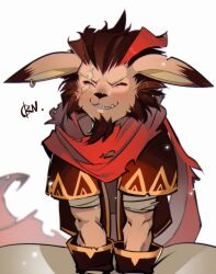 1boy absurdres afk_(series) afk_arena animal_ears blush closed_eyes earrings facial_hair fangs furry furry_male goatee highres jewelry khasos_(afk) male_focus okn_369 red_scarf scar scar_across_eye scar_on_face scarf single_earring sitting smile white_background