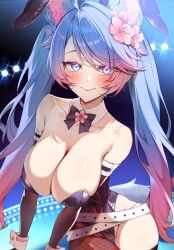 Rule 34 | 1girl, absurdres, animal ears, bare shoulders, belt, black leotard, blue eyes, blue hair, blush, breasts, cleavage, cowboy shot, detached collar, detached sleeves, eyebrows hidden by hair, fake animal ears, flower, gawawawa, gradient hair, hair between eyes, hair flower, hair ornament, highres, indie virtual youtuber, large breasts, leotard, long hair, looking at viewer, multicolored hair, pink hair, rabbit ears, silvervale, smile, solo, stage lights, strapless, strapless leotard, tail, thigh gap, two-tone hair, very long hair, white belt, wolf ears, wolf girl, wolf tail, wrist cuffs