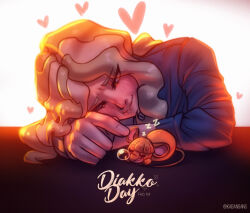2girls animalization artist_name bang_dacy blonde_hair blush closed_eyes diana_cavendish english_text heart kagari_atsuko little_witch_academia long_hair looking_at_another mouse_(animal) multiple_girls nose_blush shirt simple_background size_difference sleeping smile white_background yuri zzz