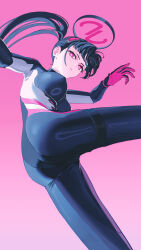 Rule 34 | 1girl, absurdres, ass, black bodysuit, black hair, blue archive, bodysuit, breasts, closed mouth, from below, halo, highres, impossible bodysuit, impossible clothes, large breasts, latex, latex bodysuit, leg up, long hair, looking at viewer, official alternate costume, ponytail, red eyes, rio (blue archive), rio (bodysuit) (blue archive), simple background, skin tight, solo, standing, very long hair, yodistira404