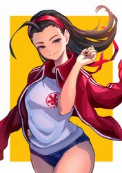 Rule 34 | 1girl, absurdres, ahoge, ap cammy, blue eyes, brown hair, gym shirt, gym shorts, gym uniform, highres, iinchou (justice gakuen), jacket, justice gakuen, long hair, looking at viewer, shirt, shorts, solo, track jacket, yellow background