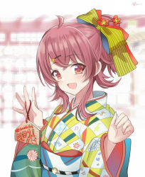 blurry blurry_background blush bow checkered_clothes checkered_kimono ema flower hair_between_eyes hair_bow hair_flower hair_ornament hairclip idolmaster idolmaster_shiny_colors japanese_clothes kevn kimono komiya_kaho looking_at_viewer multicolored_clothes obi ponytail red_eyes red_hair sash smile solo upper_body yukata