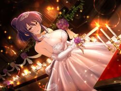 1girl altar architecture blush bouquet bow breasts bride candelabra candle candlelight candlestand church cleavage dress dress_bow elbow_gloves fire floral_print flower folded_ponytail frilled_dress frilled_gloves frills glasses gloves gold holding holding_bouquet holding_candle indoors ivy jewelry lace lace-trimmed_dress lace_trim large_breasts leaf lens_flare looking_at_viewer mole mole_on_breast necklace night official_alternate_costume official_art open_mouth pew purple_flower purple_hair purple_rose red-framed_eyewear red_eyes ribbon rose see-through_clothes see-through_cleavage senran_kagura senran_kagura_new_link short_hair sleeveless sleeveless_dress smile solo standing rin_(senran_kagura) teacher tiara waist_bow wax wedding wedding_dress white_bow white_dress white_flower white_gloves white_rose window yaegashi_nan