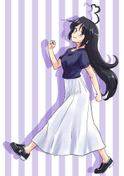 Rule 34 | 1girl, ahoge, black hair, black shoes, blue eyes, blue shirt, breasts, heart, heart ahoge, highres, huge ahoge, kako (kancolle), kako (summer) (kancolle), kantai collection, long hair, long skirt, medium breasts, nekotarou (nktr299), official alternate costume, shirt, shoes, short sleeves, skirt, smile, sneakers, solo, very long hair, walking, white skirt