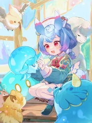 1girl :d absurdres anemo_slime_(genshin_impact) animal_ears bird blubberbeast_(genshin_impact) blue_dress blue_hair blue_shoes blush bow bowtie colored_tips commentary_request day dress fungi_(genshin_impact) genshin_impact gradient_hair hat highres long_sleeves melusine_(genshin_impact) multicolored_hair new_(new_gnsn) nurse_cap open_mouth outdoors pink_hair red_bow red_bowtie red_eyes shoes sigewinne_(genshin_impact) slime_(genshin_impact) smile solo squatting thighhighs white_thighhighs
