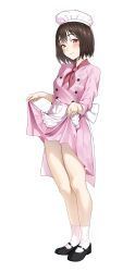 1girl apron bare_legs black_shoes blush brown_hair buttons close-up clothes_lift commission double-breasted dress frilled_apron frills hat highres light_smile looking_at_viewer mary_janes neckerchief osanai_yuki pink_dress red_eyes red_neckerchief saya_endo_(27) shoes short_hair shoushimin_series skeb_commission skirt skirt_lift smile socks solo waist_apron white_apron white_hat white_socks